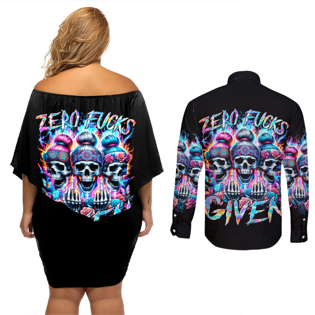 Lady Skull Couples Matching Off Shoulder Short Dress and Long Sleeve Button Shirt Zero Fucks Given - Wonder Print Shop