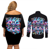 Lady Skull Couples Matching Off Shoulder Short Dress and Long Sleeve Button Shirt Zero Fucks Given - Wonder Print Shop