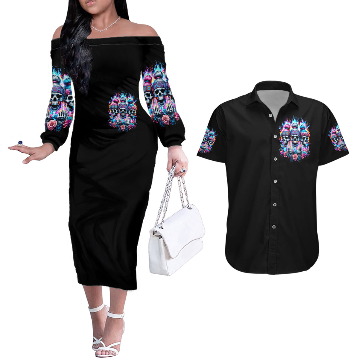Lady Skull Couples Matching Off The Shoulder Long Sleeve Dress and Hawaiian Shirt Zero Fucks Given - Wonder Print Shop