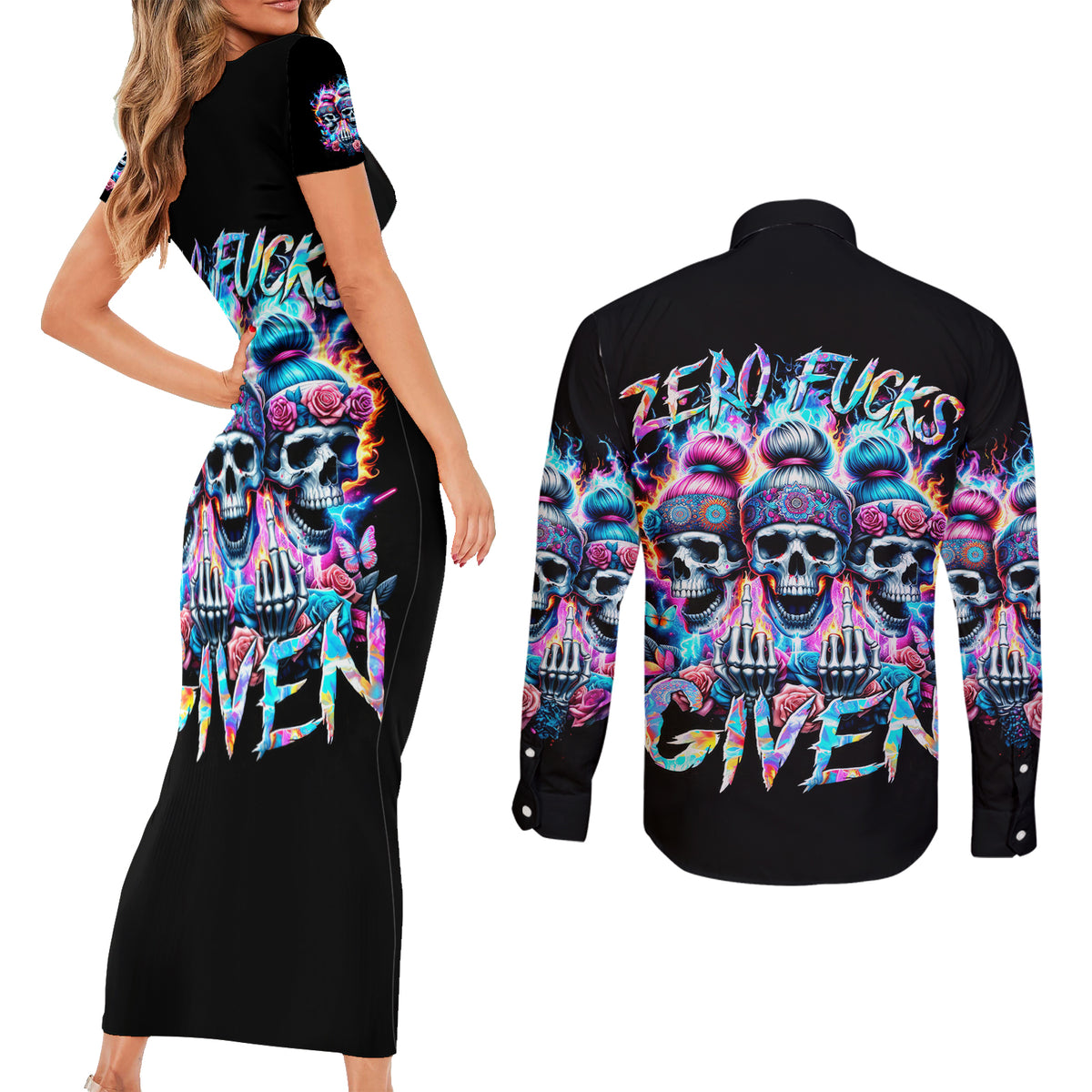 Lady Skull Couples Matching Short Sleeve Bodycon Dress and Long Sleeve Button Shirt Zero Fucks Given - Wonder Print Shop