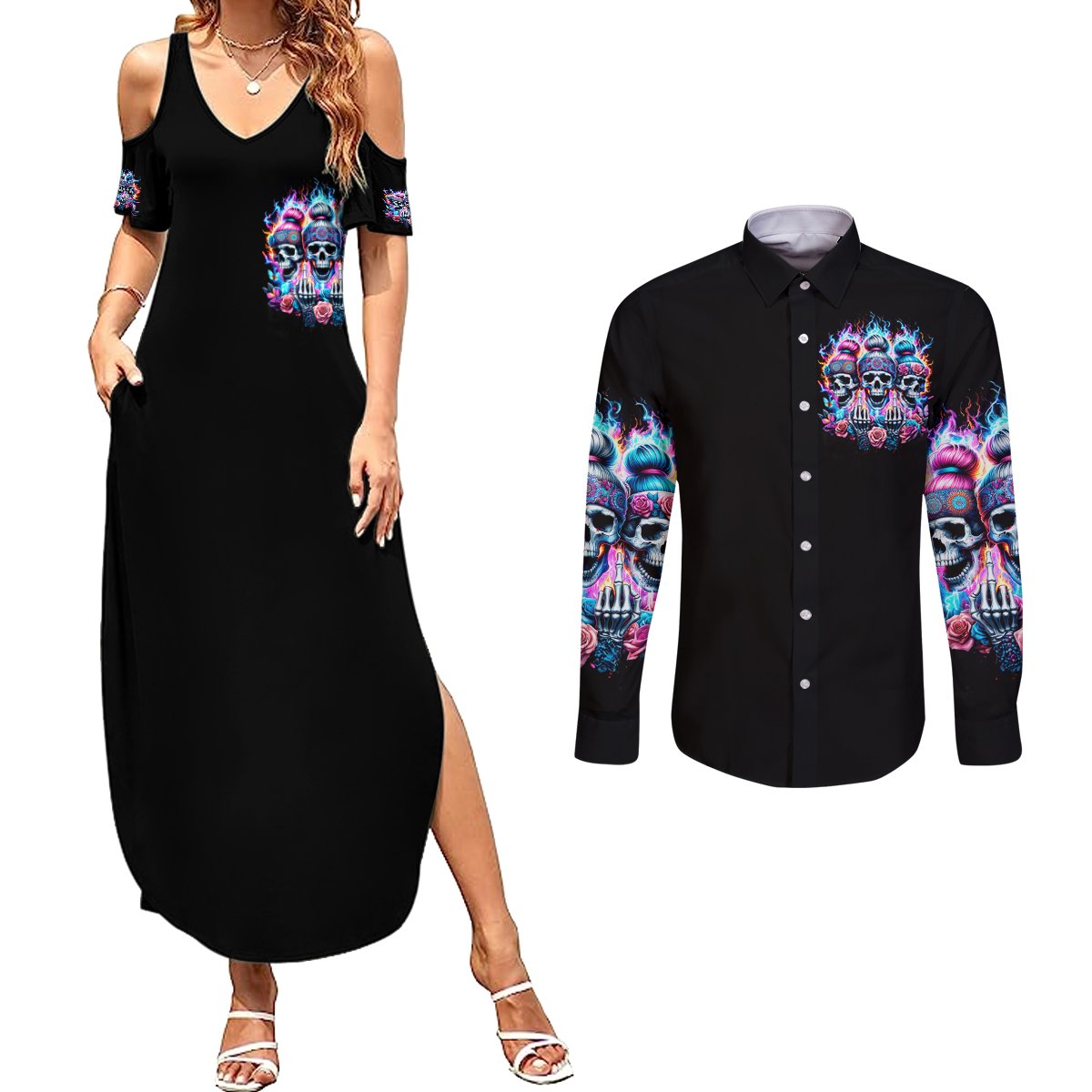 Lady Skull Couples Matching Summer Maxi Dress and Long Sleeve Button Shirt Zero Fucks Given - Wonder Print Shop