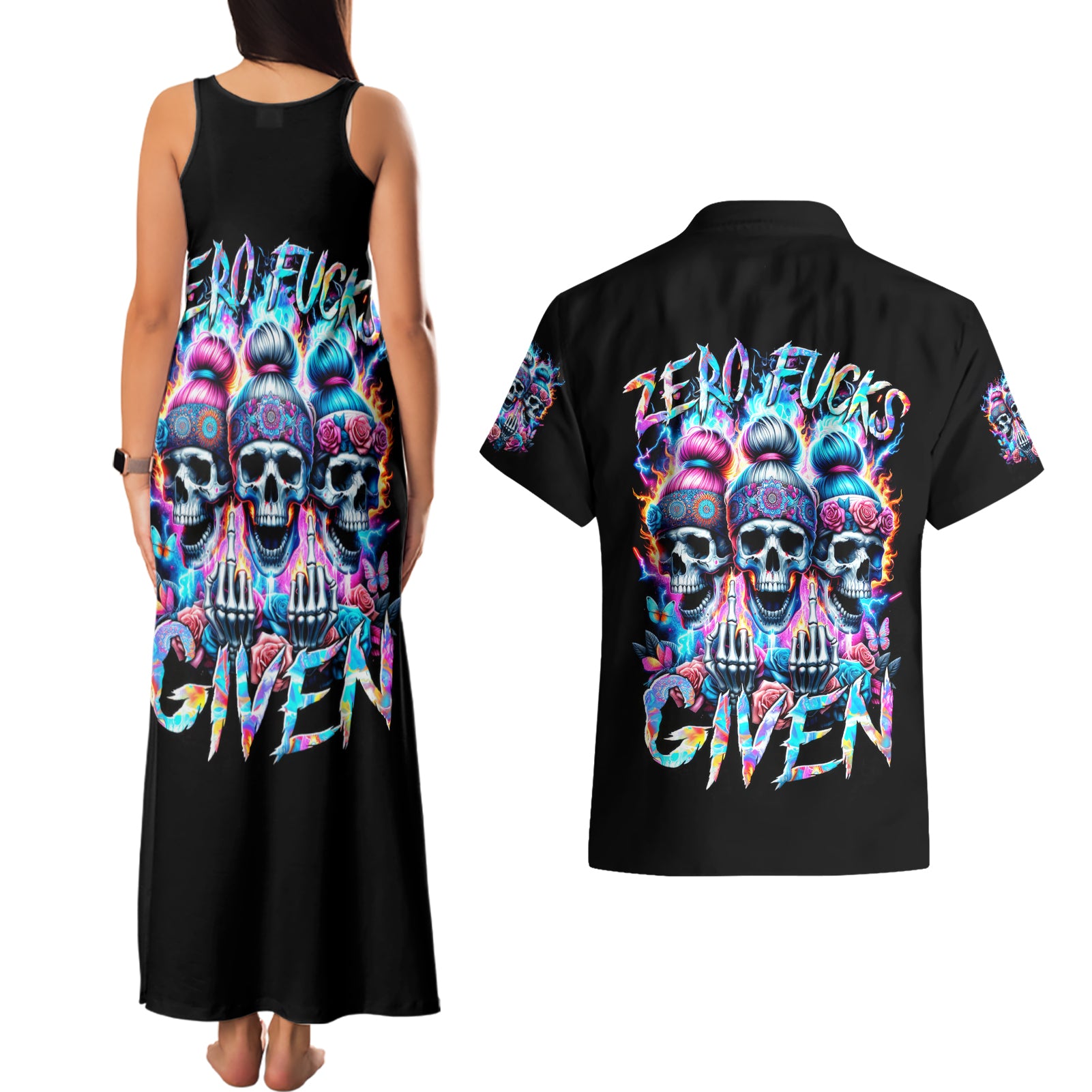 Lady Skull Couples Matching Tank Maxi Dress and Hawaiian Shirt Zero Fucks Given - Wonder Print Shop