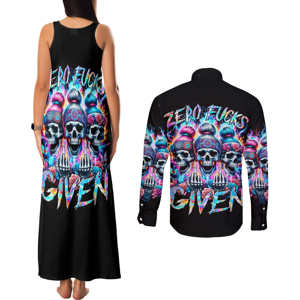 Lady Skull Couples Matching Tank Maxi Dress and Long Sleeve Button Shirt Zero Fucks Given - Wonder Print Shop