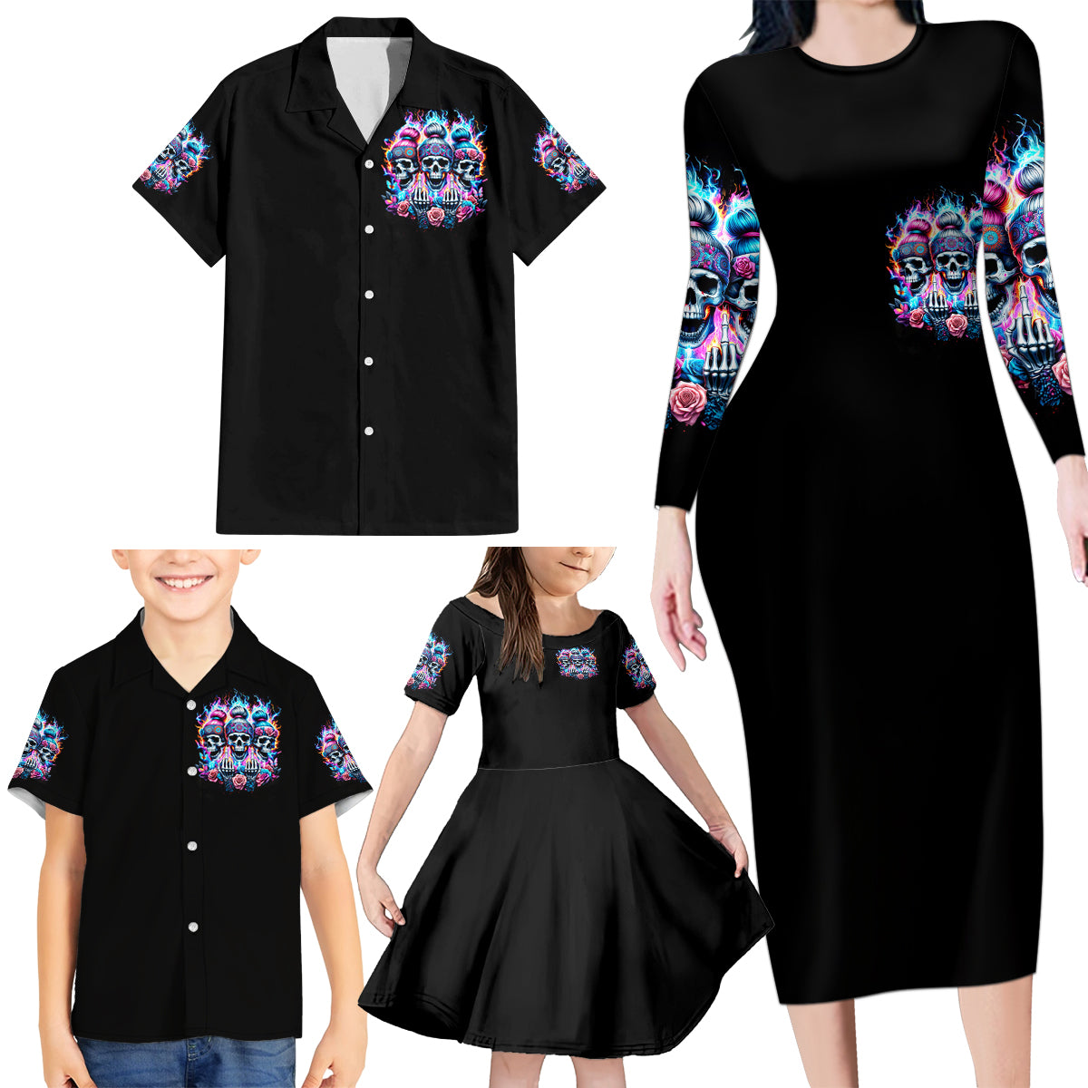 Lady Skull Family Matching Long Sleeve Bodycon Dress and Hawaiian Shirt Zero Fucks Given - Wonder Print Shop