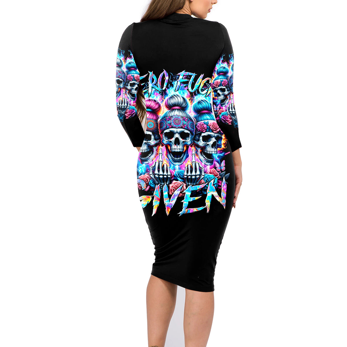 Lady Skull Family Matching Long Sleeve Bodycon Dress and Hawaiian Shirt Zero Fucks Given - Wonder Print Shop