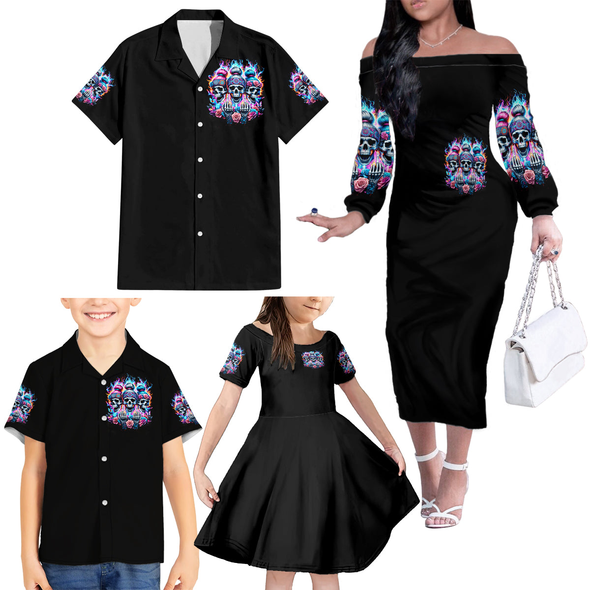 Lady Skull Family Matching Off Shoulder Long Sleeve Dress and Hawaiian Shirt Zero Fucks Given - Wonder Print Shop