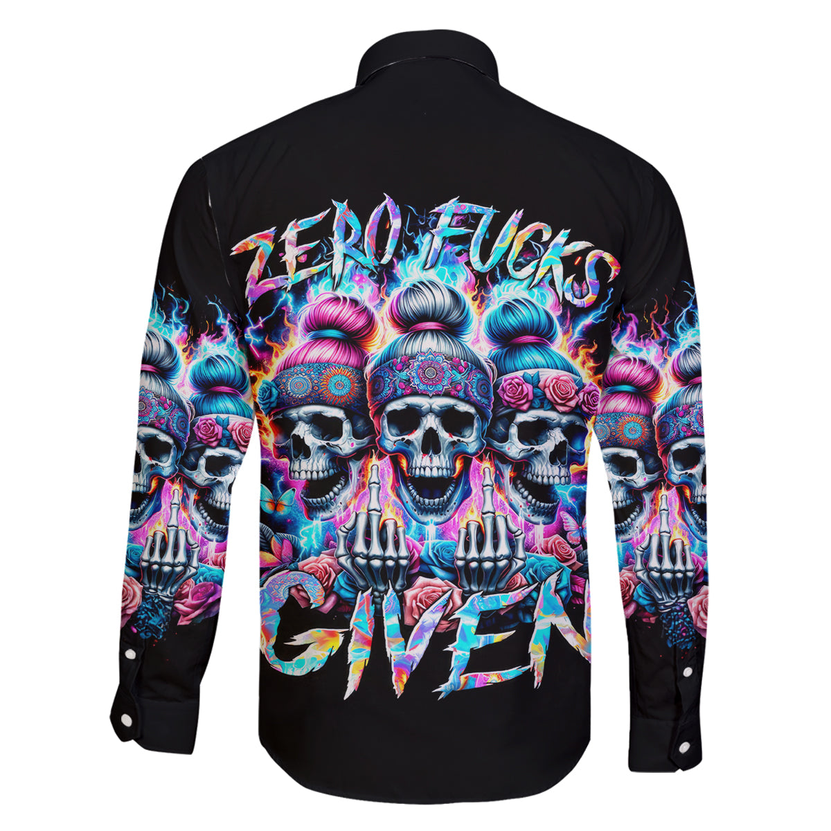 Lady Skull Family Matching Off Shoulder Long Sleeve Dress and Hawaiian Shirt Zero Fucks Given - Wonder Print Shop