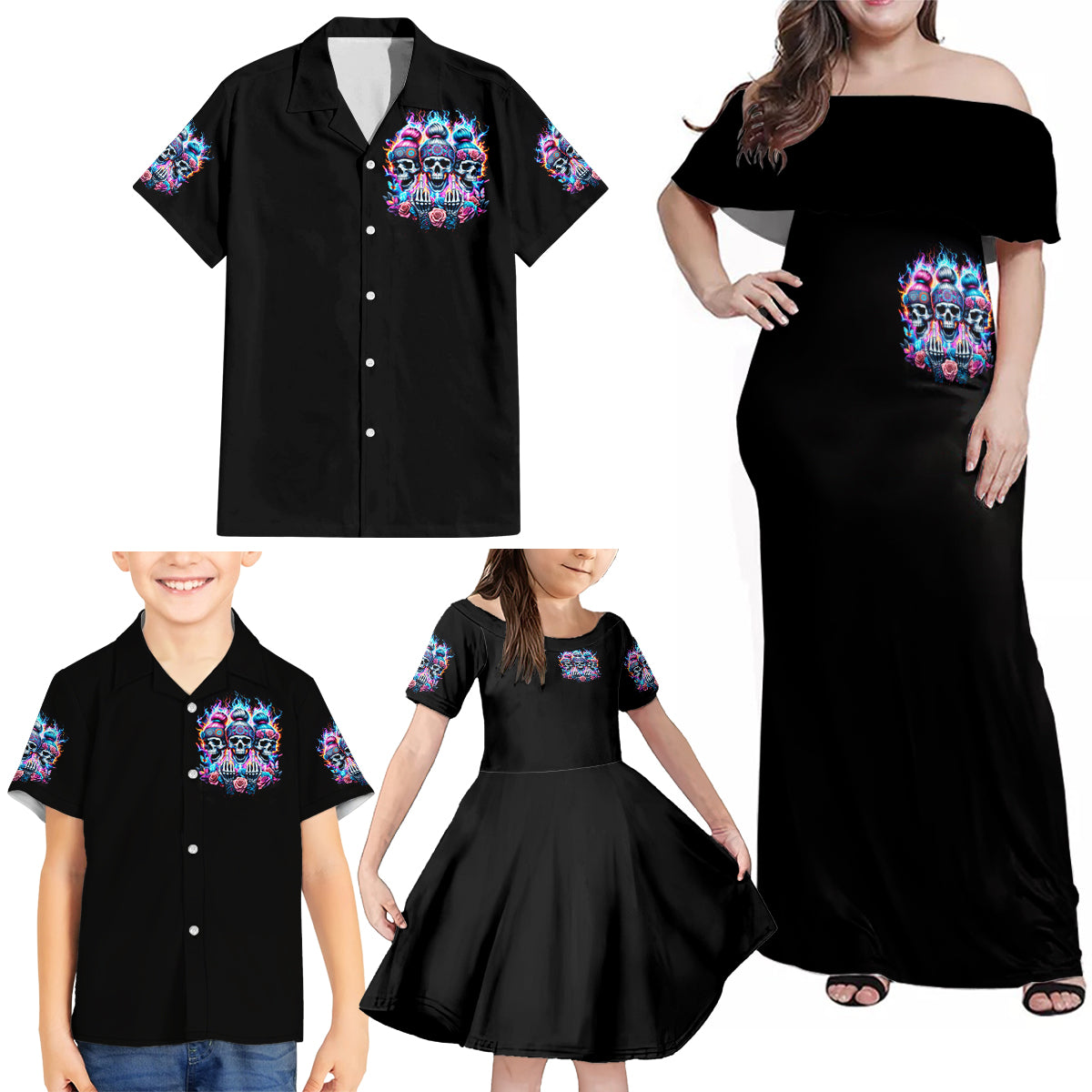 Lady Skull Family Matching Off Shoulder Maxi Dress and Hawaiian Shirt Zero Fucks Given - Wonder Print Shop