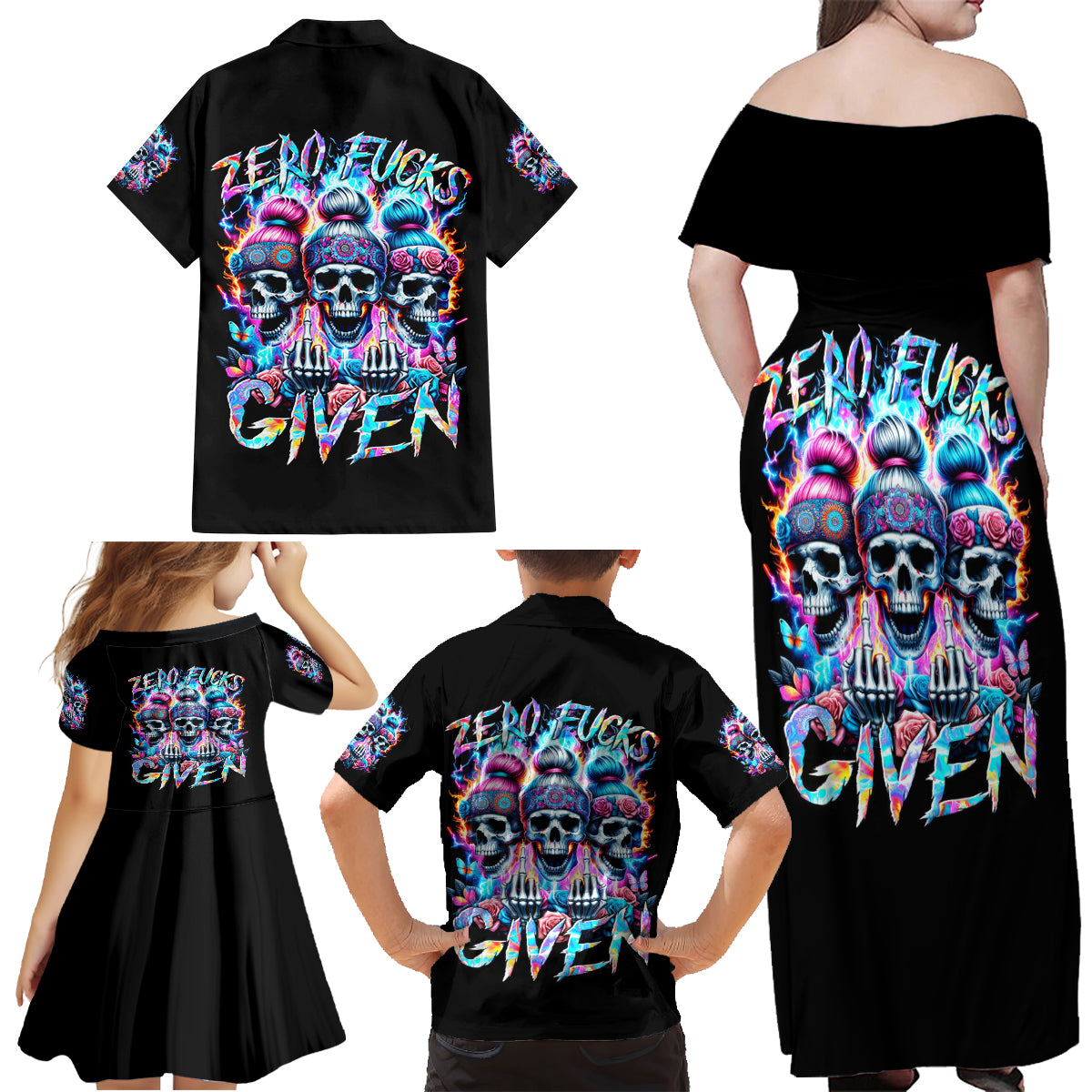 Lady Skull Family Matching Off Shoulder Maxi Dress and Hawaiian Shirt Zero Fucks Given - Wonder Print Shop