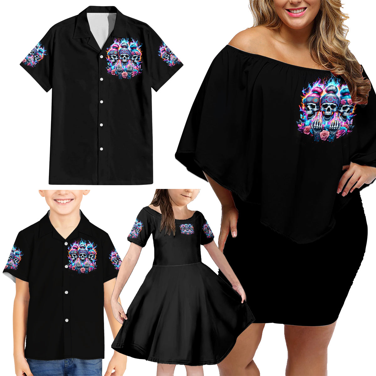 Lady Skull Family Matching Off Shoulder Short Dress and Hawaiian Shirt Zero Fucks Given - Wonder Print Shop