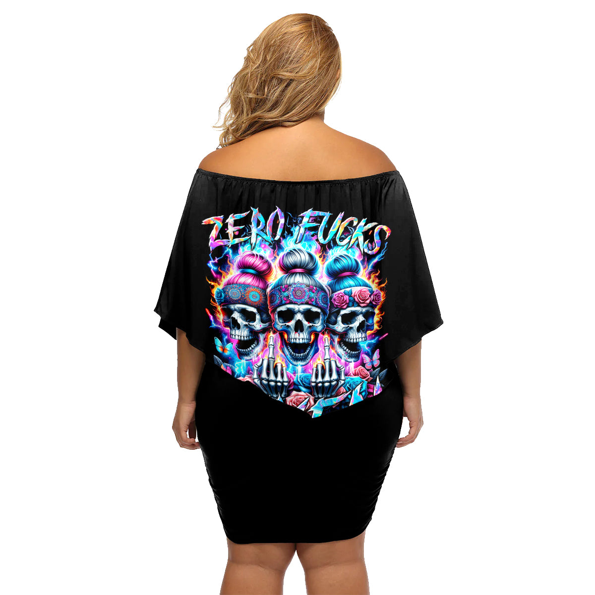 Lady Skull Family Matching Off Shoulder Short Dress and Hawaiian Shirt Zero Fucks Given - Wonder Print Shop