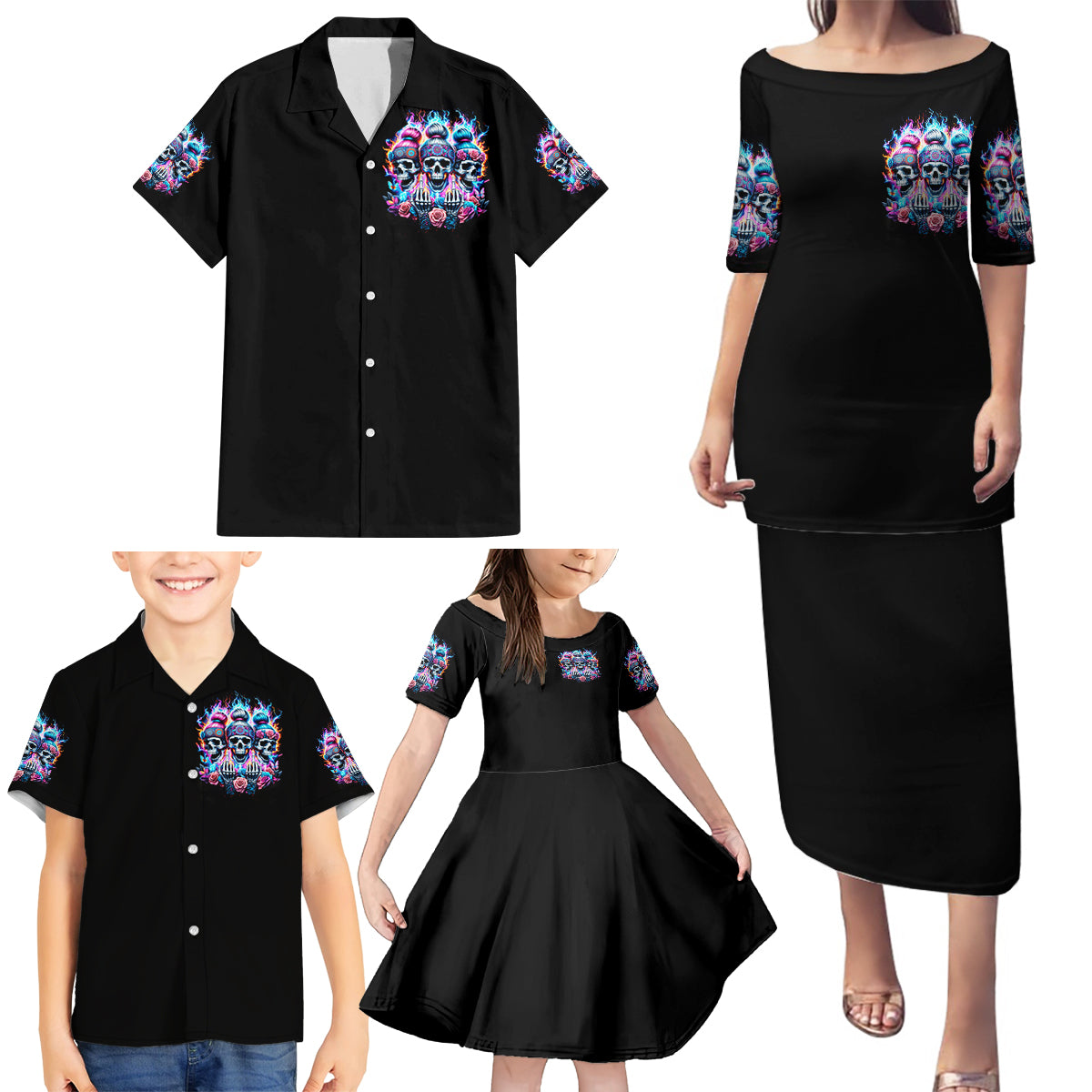 Lady Skull Family Matching Puletasi Dress and Hawaiian Shirt Zero Fucks Given - Wonder Print Shop