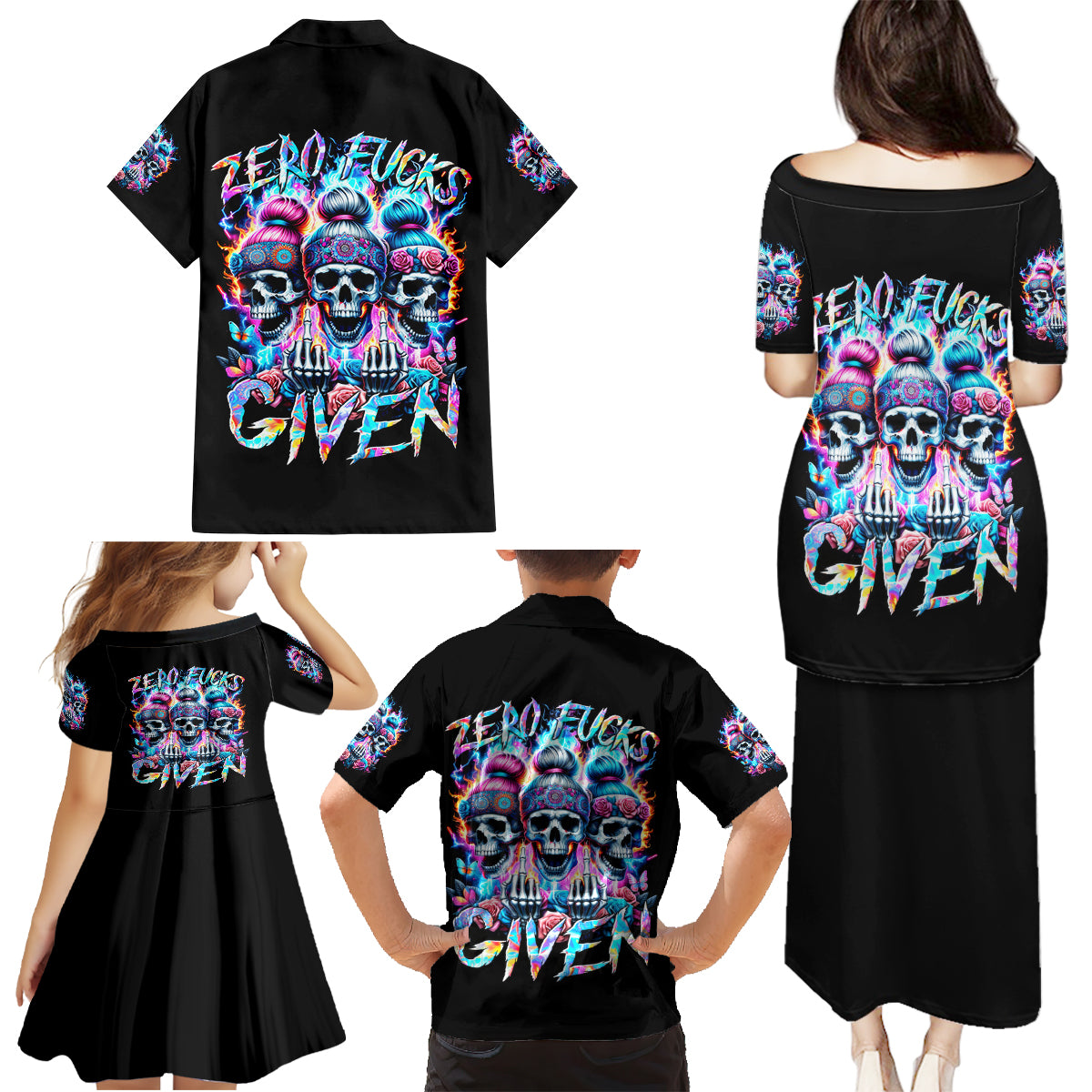 Lady Skull Family Matching Puletasi Dress and Hawaiian Shirt Zero Fucks Given - Wonder Print Shop