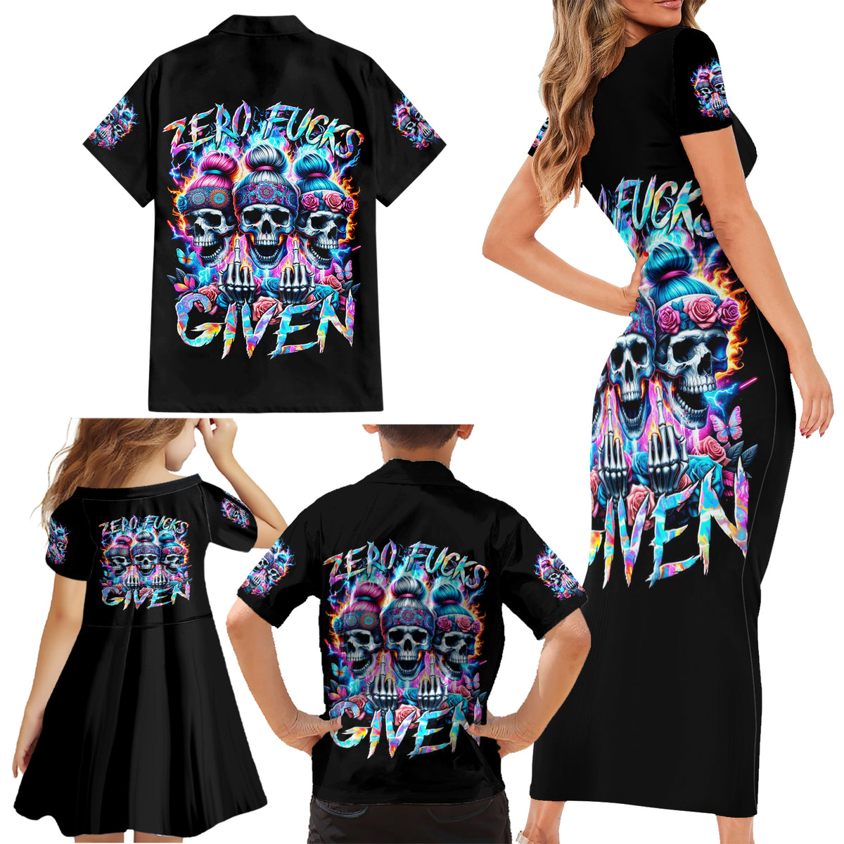 Lady Skull Family Matching Short Sleeve Bodycon Dress and Hawaiian Shirt Zero Fucks Given - Wonder Print Shop