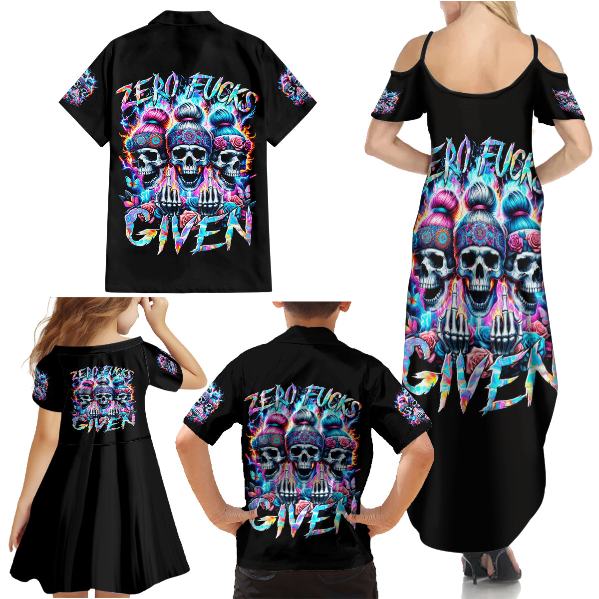 Lady Skull Family Matching Summer Maxi Dress and Hawaiian Shirt Zero Fucks Given - Wonder Print Shop