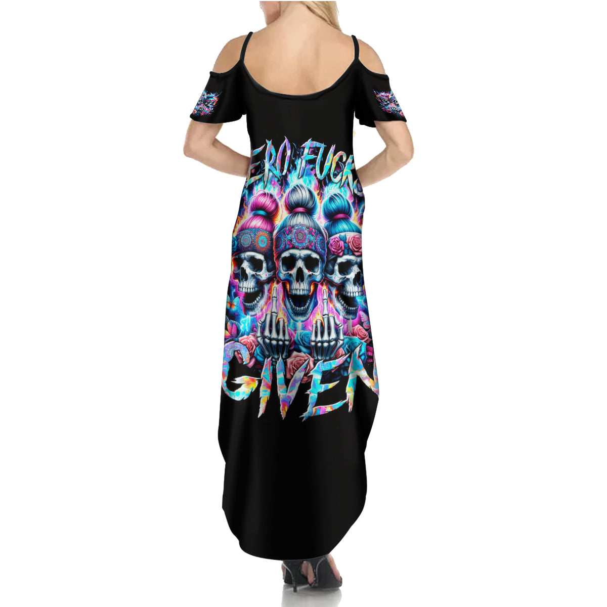 Lady Skull Family Matching Summer Maxi Dress and Hawaiian Shirt Zero Fucks Given - Wonder Print Shop