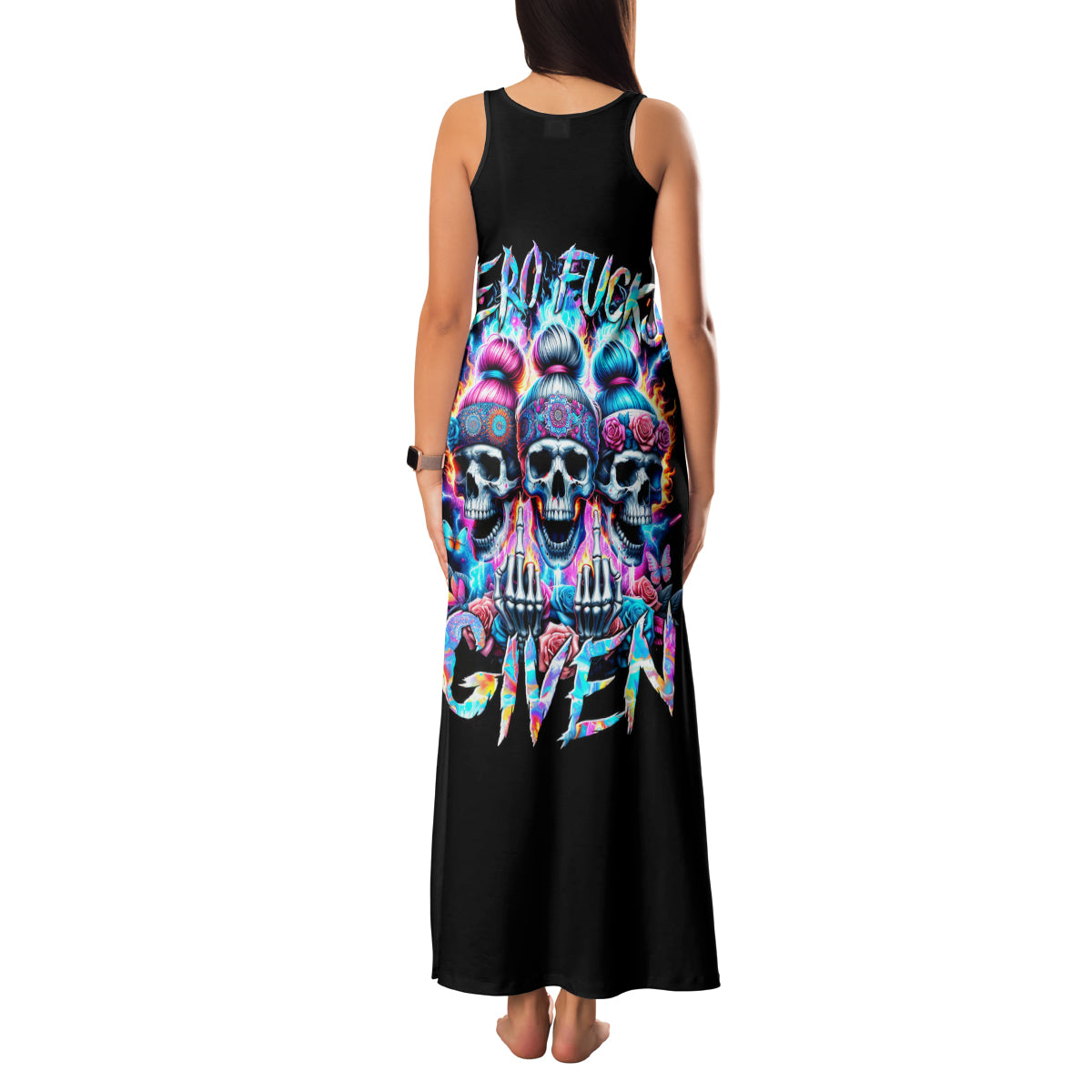 Lady Skull Family Matching Tank Maxi Dress and Hawaiian Shirt Zero Fucks Given - Wonder Print Shop