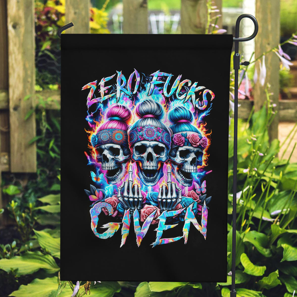 Lady Skull Garden Flag Zero Fucks Given - Wonder Print Shop