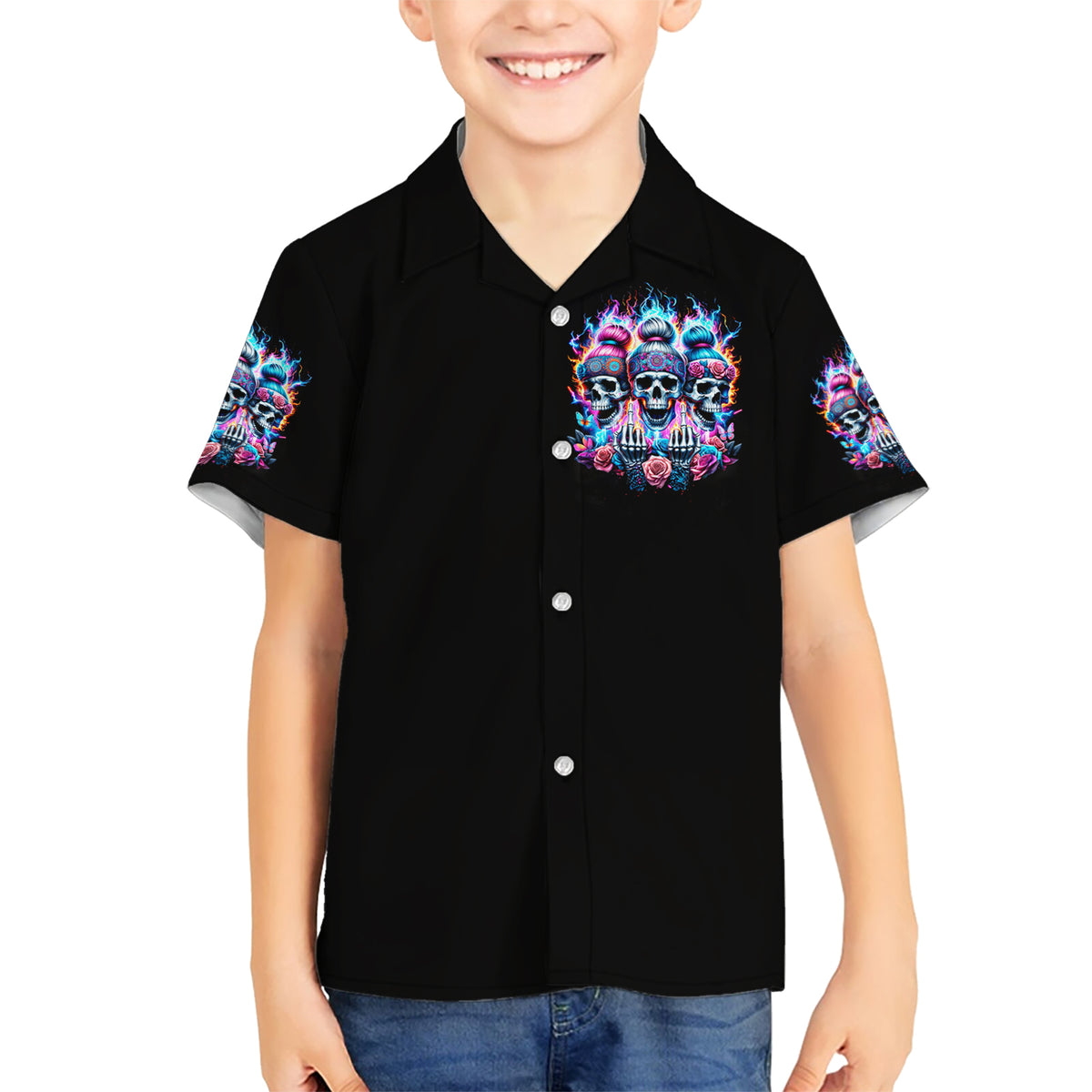 Lady Skull Kid Hawaiian Shirt Zero Fucks Given - Wonder Print Shop