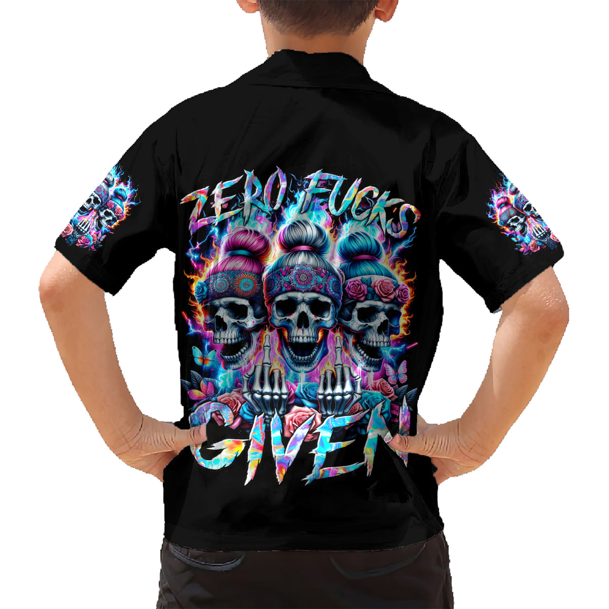 Lady Skull Kid Hawaiian Shirt Zero Fucks Given - Wonder Print Shop