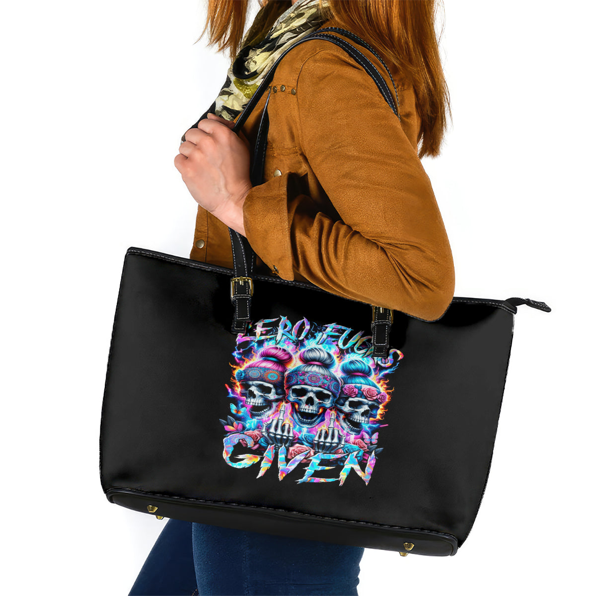 Lady Skull Leather Tote Bag Zero Fucks Given - Wonder Print Shop