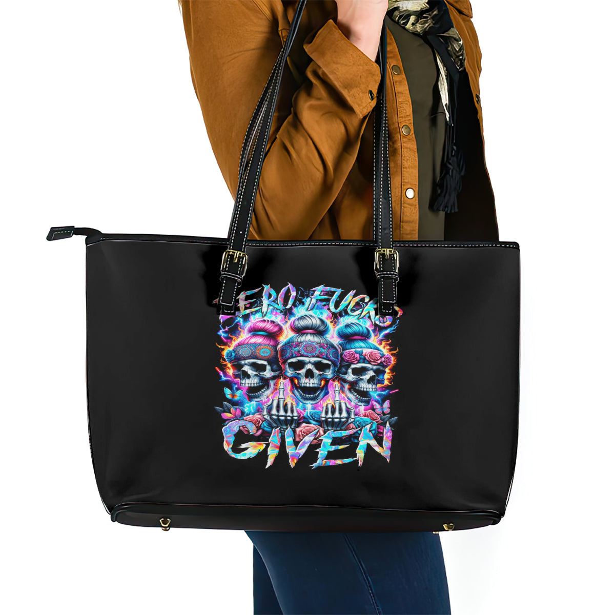 Lady Skull Leather Tote Bag Zero Fucks Given - Wonder Print Shop