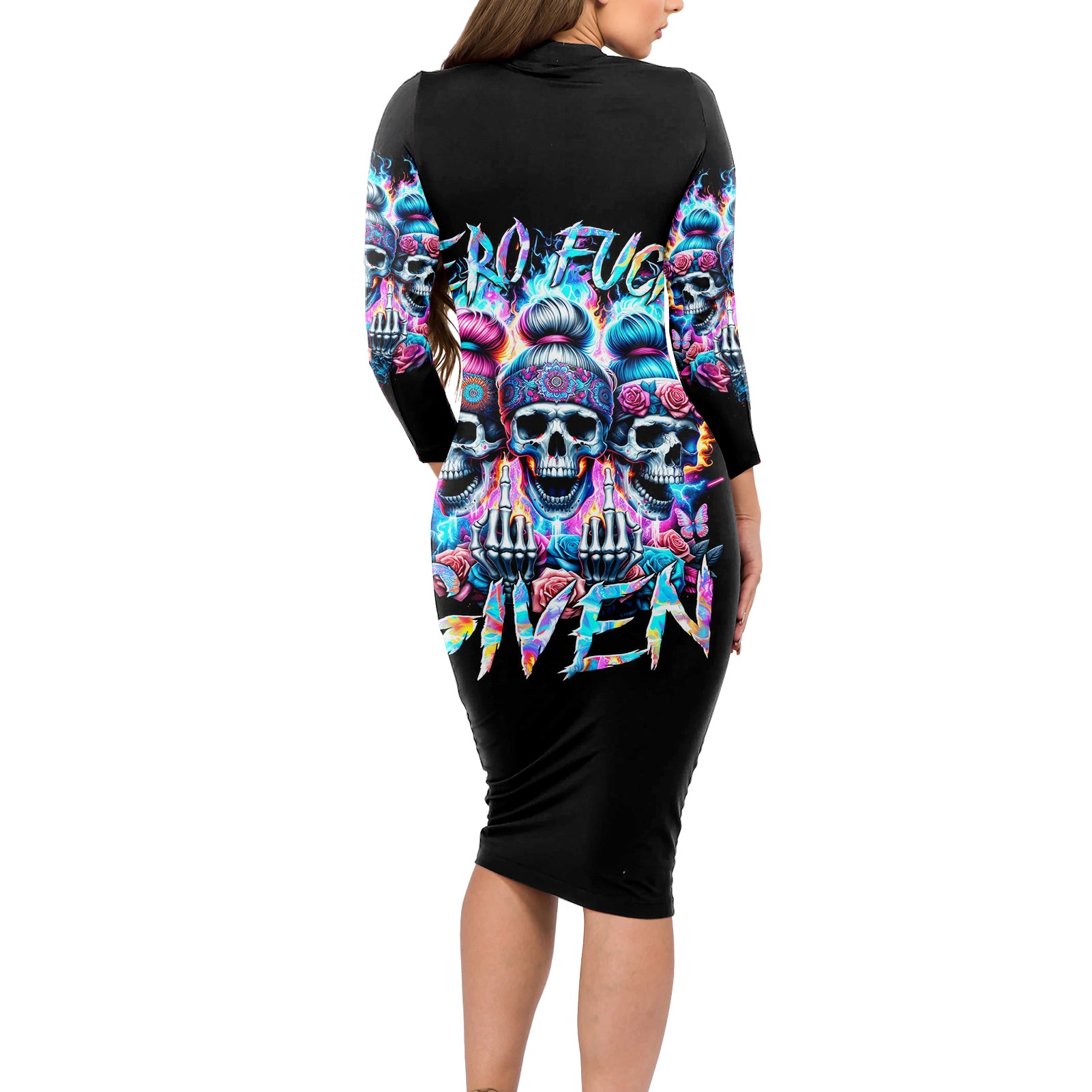 Lady Skull Long Sleeve Bodycon Dress Zero Fucks Given - Wonder Print Shop