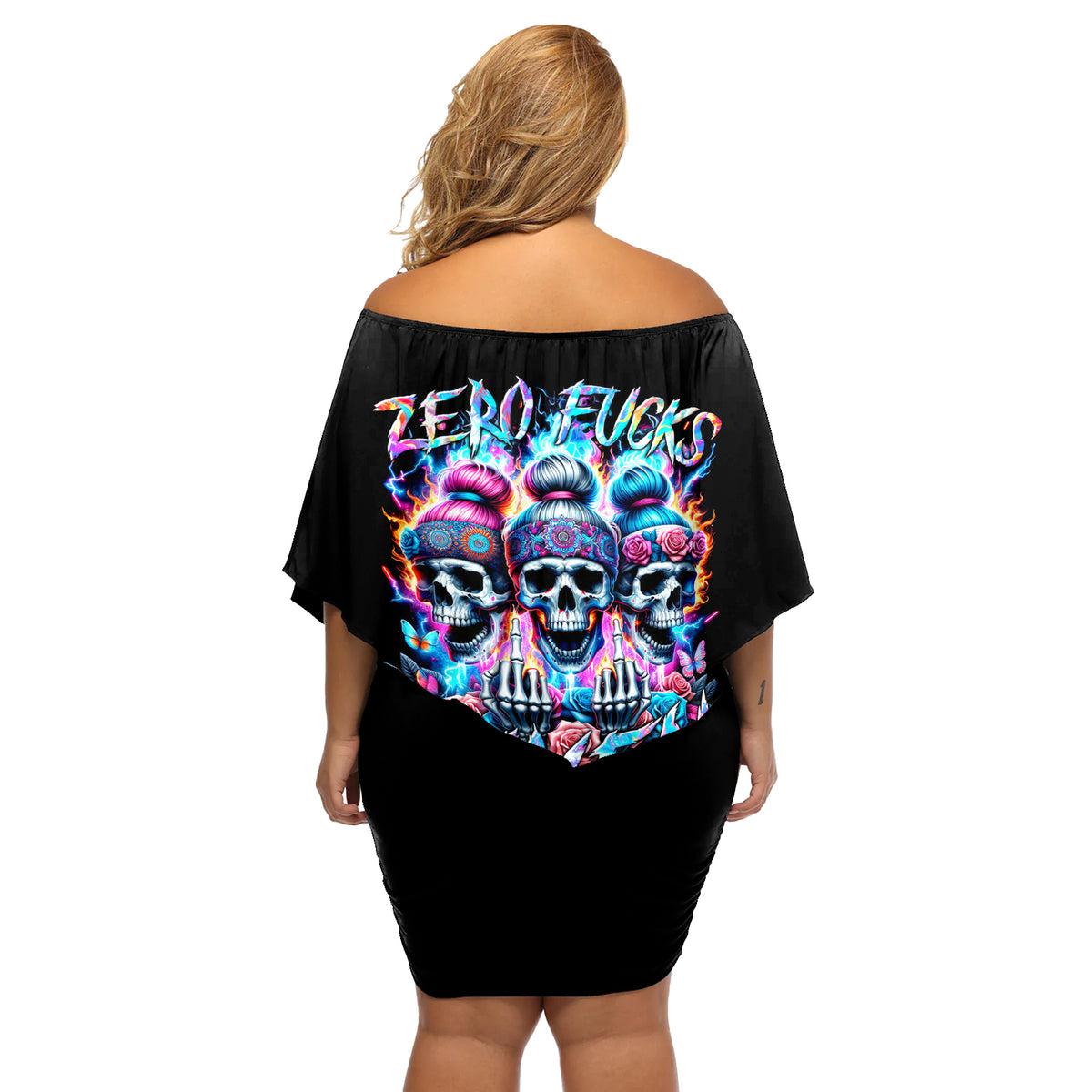 Lady Skull Off Shoulder Short Dress Zero Fucks Given - Wonder Print Shop