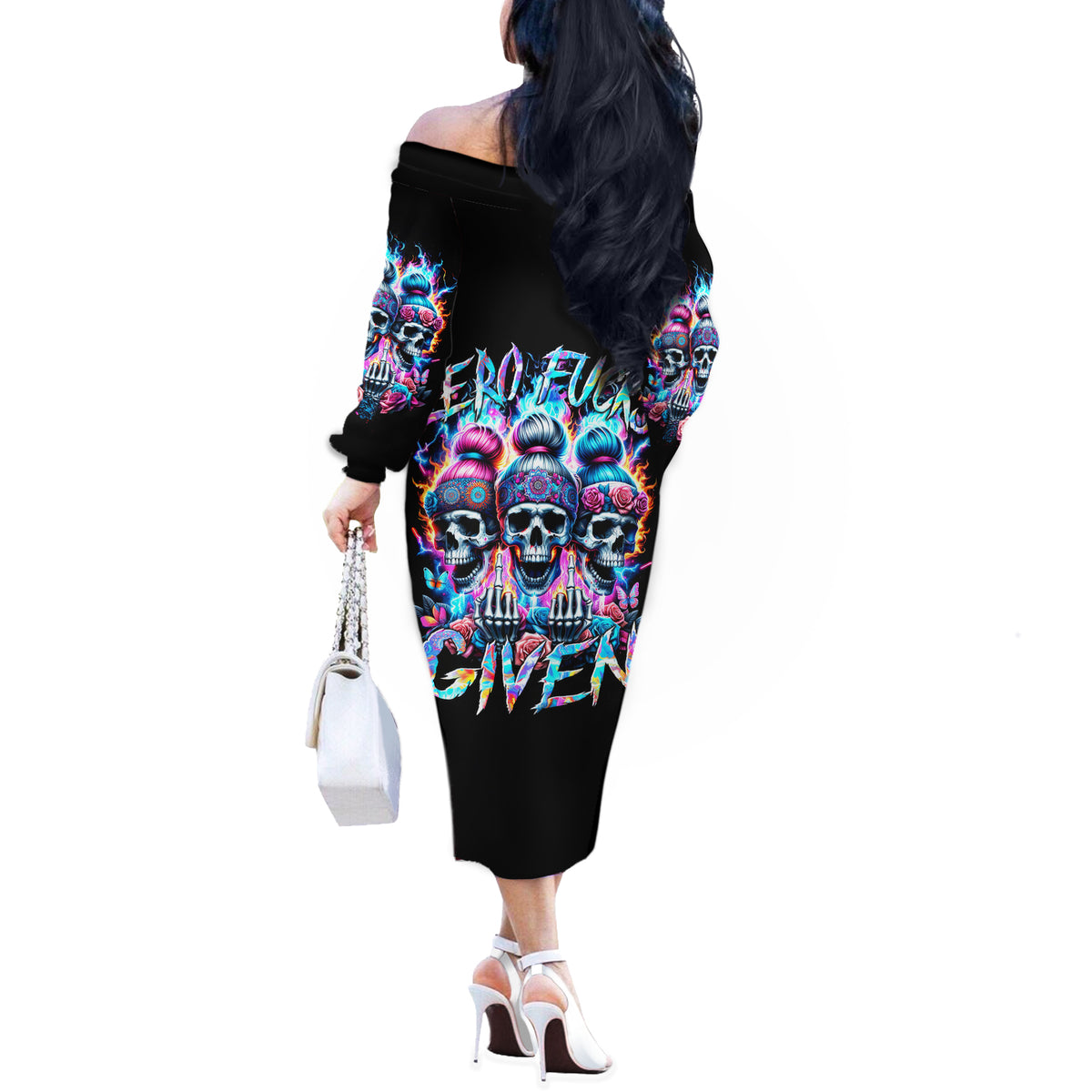 Lady Skull Off The Shoulder Long Sleeve Dress Zero Fucks Given - Wonder Print Shop
