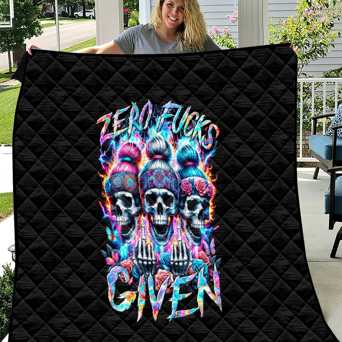 Lady Skull Quilt Zero Fucks Given - Wonder Print Shop
