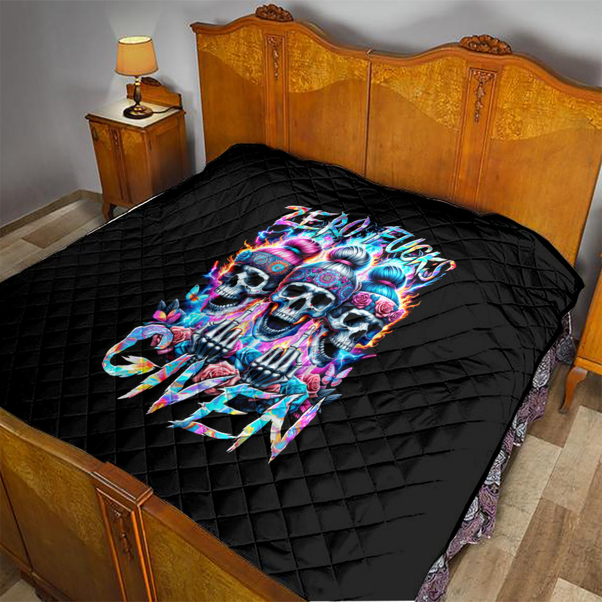 Lady Skull Quilt Zero Fucks Given - Wonder Print Shop