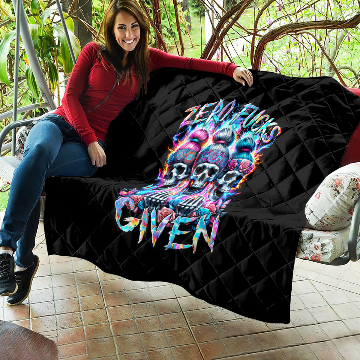 Lady Skull Quilt Zero Fucks Given - Wonder Print Shop