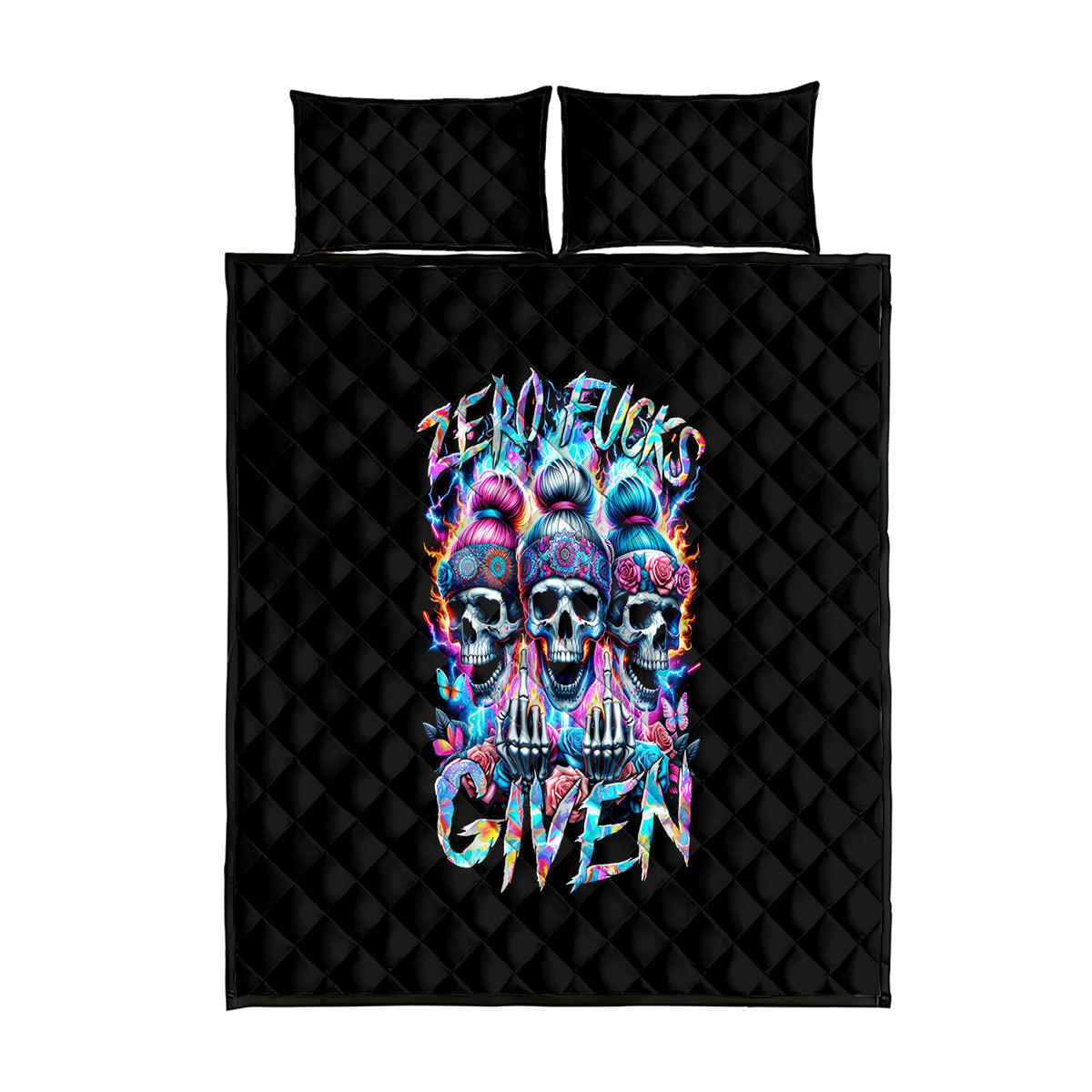 Lady Skull Quilt Bed Set Zero Fucks Given - Wonder Print Shop