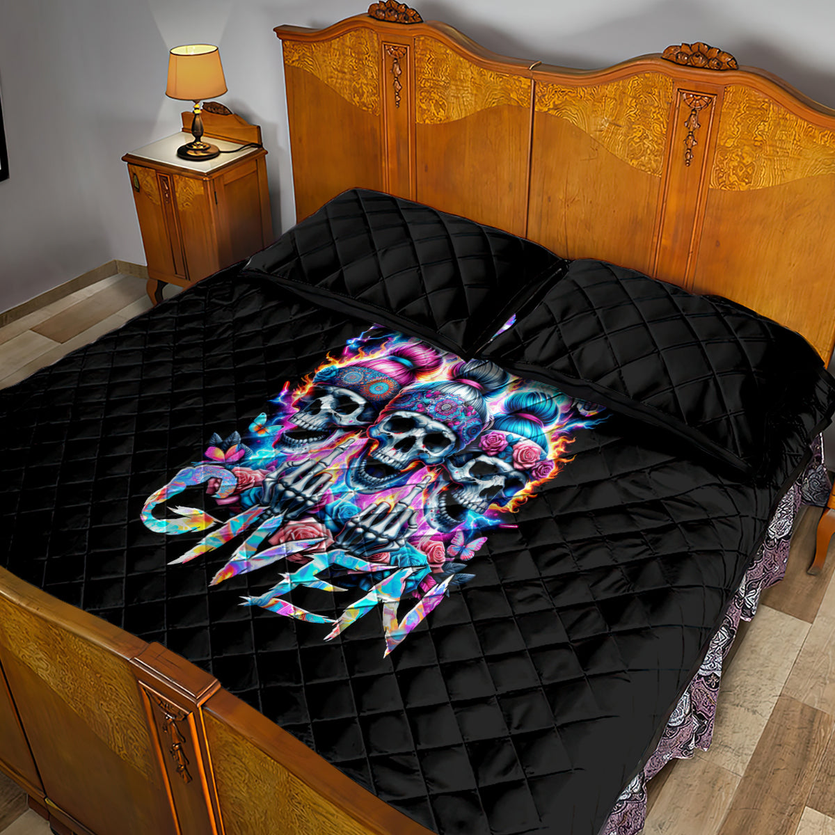 Lady Skull Quilt Bed Set Zero Fucks Given - Wonder Print Shop
