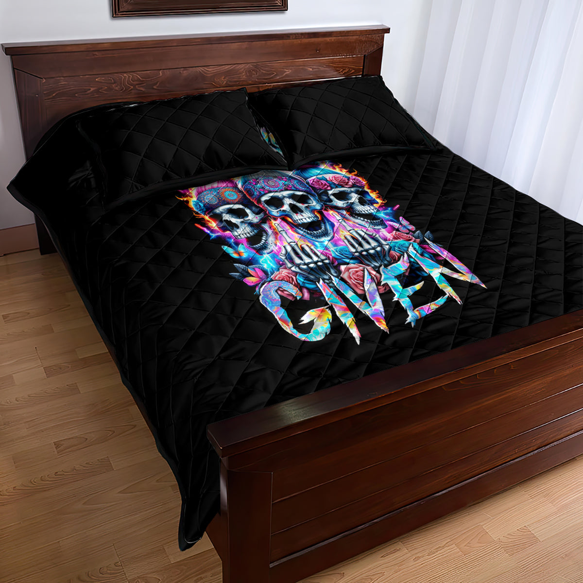 Lady Skull Quilt Bed Set Zero Fucks Given - Wonder Print Shop