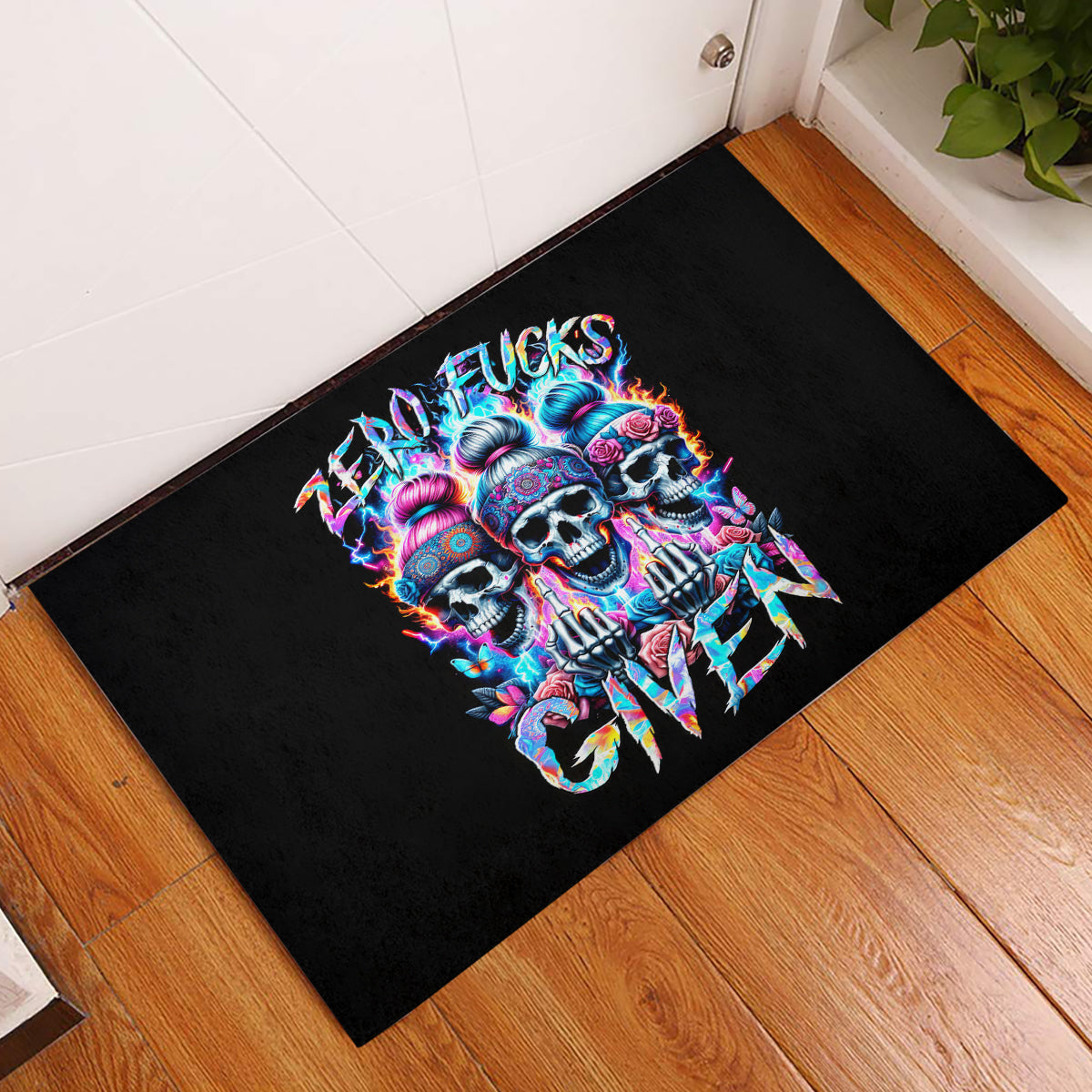 Lady Skull Rubber Doormat Zero Fucks Given - Wonder Print Shop
