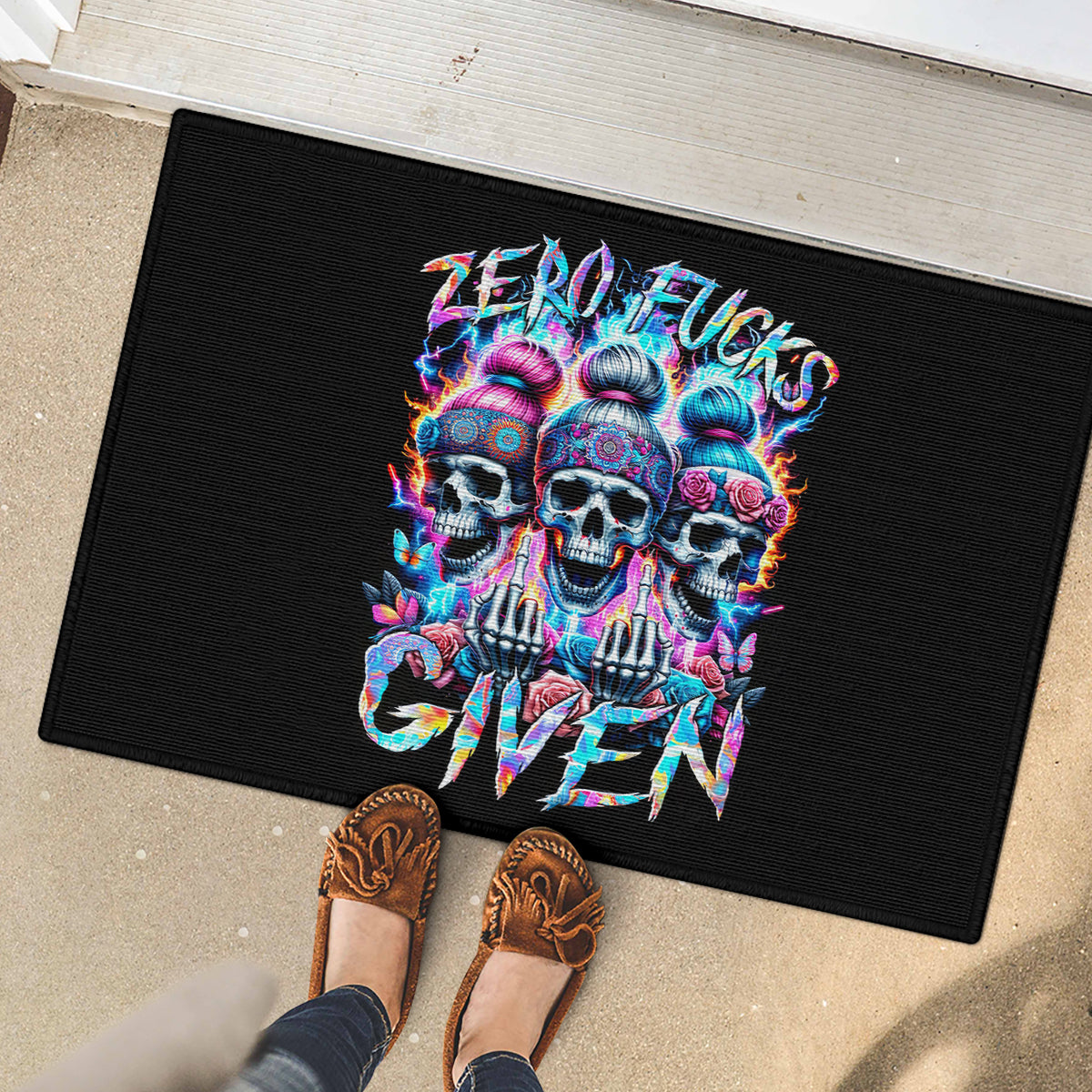 Lady Skull Rubber Doormat Zero Fucks Given - Wonder Print Shop