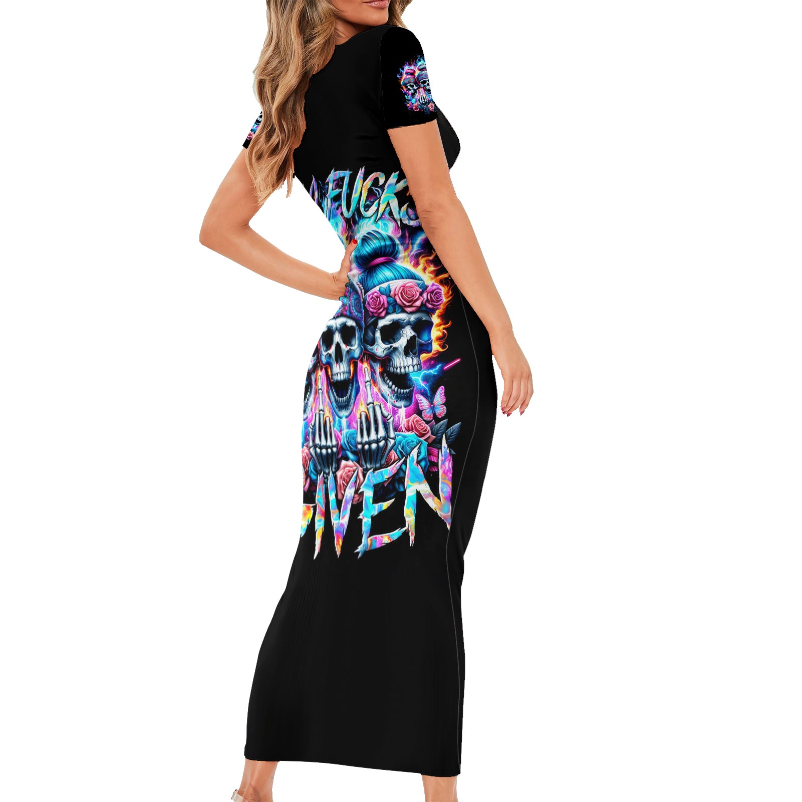 Lady Skull Short Sleeve Bodycon Dress Zero Fucks Given - Wonder Print Shop