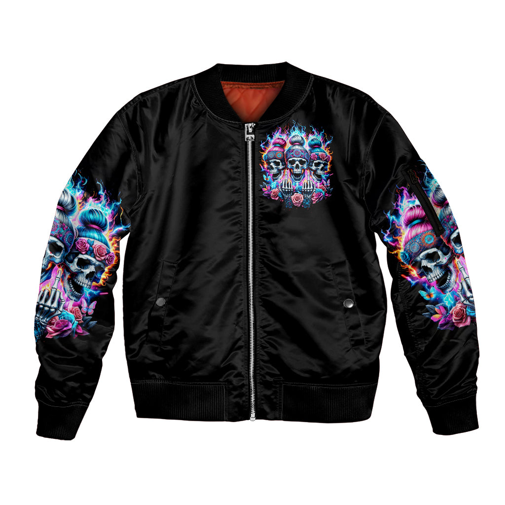 Lady Skull Sleeve Zip Bomber Jacket Zero Fucks Given - Wonder Print Shop