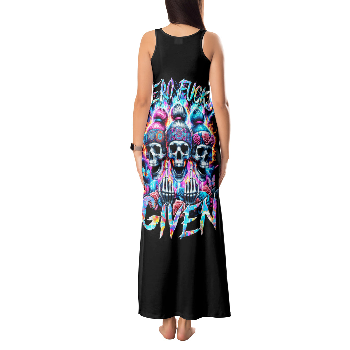 Lady Skull Tank Maxi Dress Zero Fucks Given - Wonder Print Shop