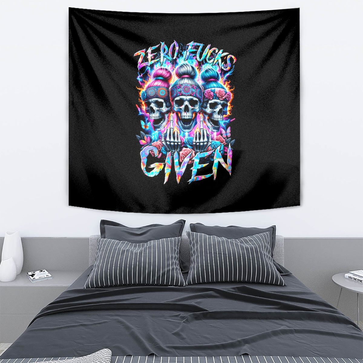 Lady Skull Tapestry Zero Fucks Given - Wonder Print Shop