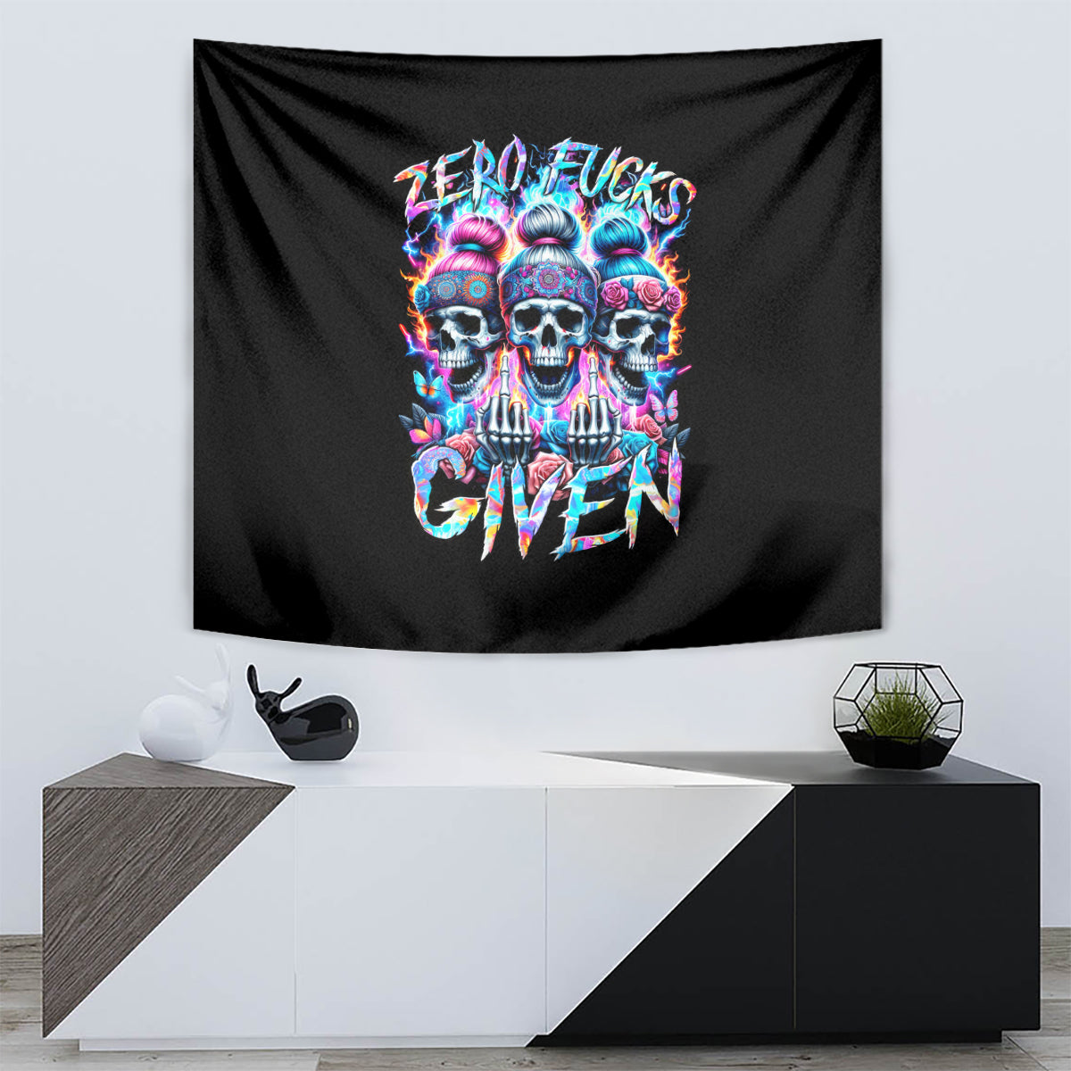 Lady Skull Tapestry Zero Fucks Given - Wonder Print Shop
