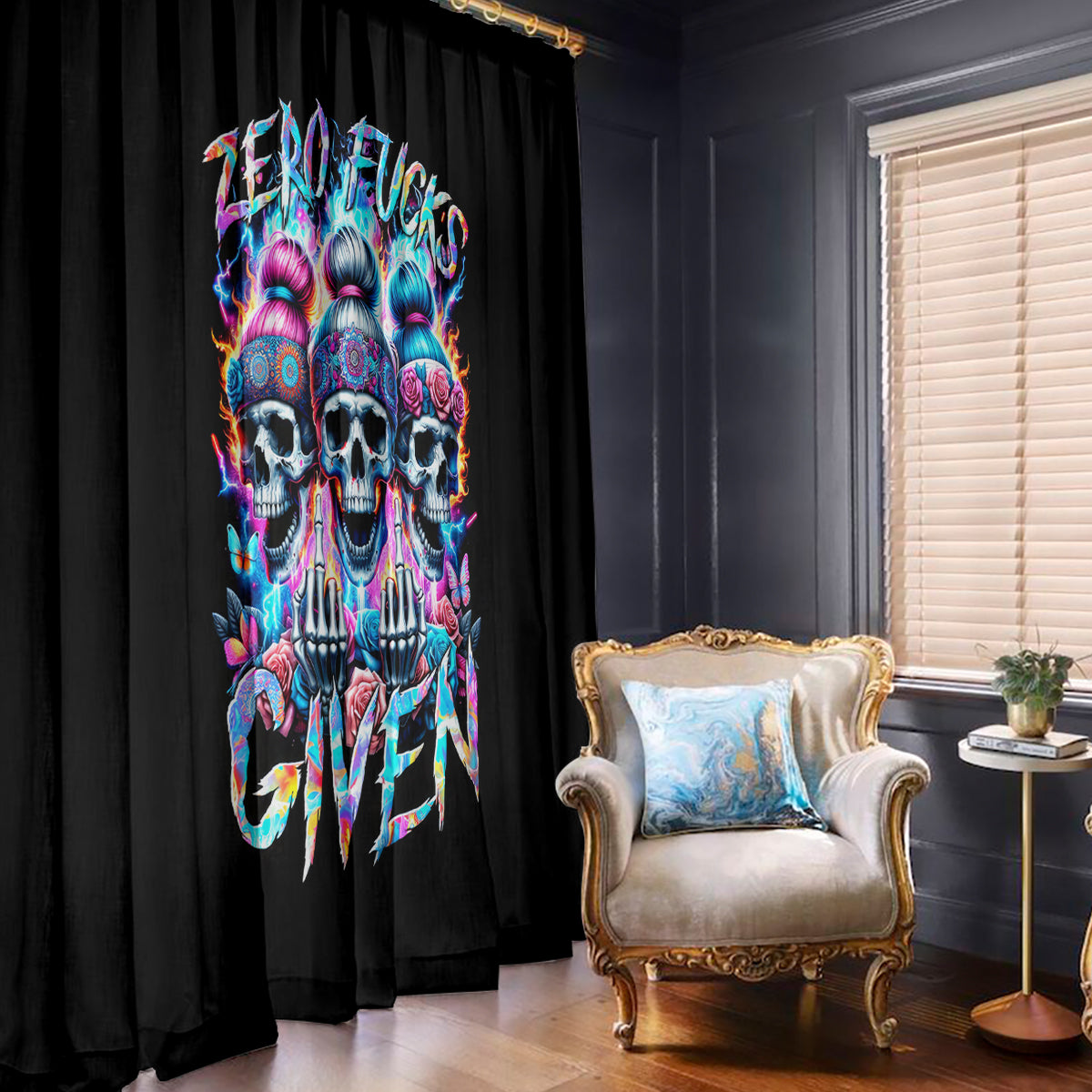 Lady Skull Window Curtain Zero Fucks Given - Wonder Print Shop