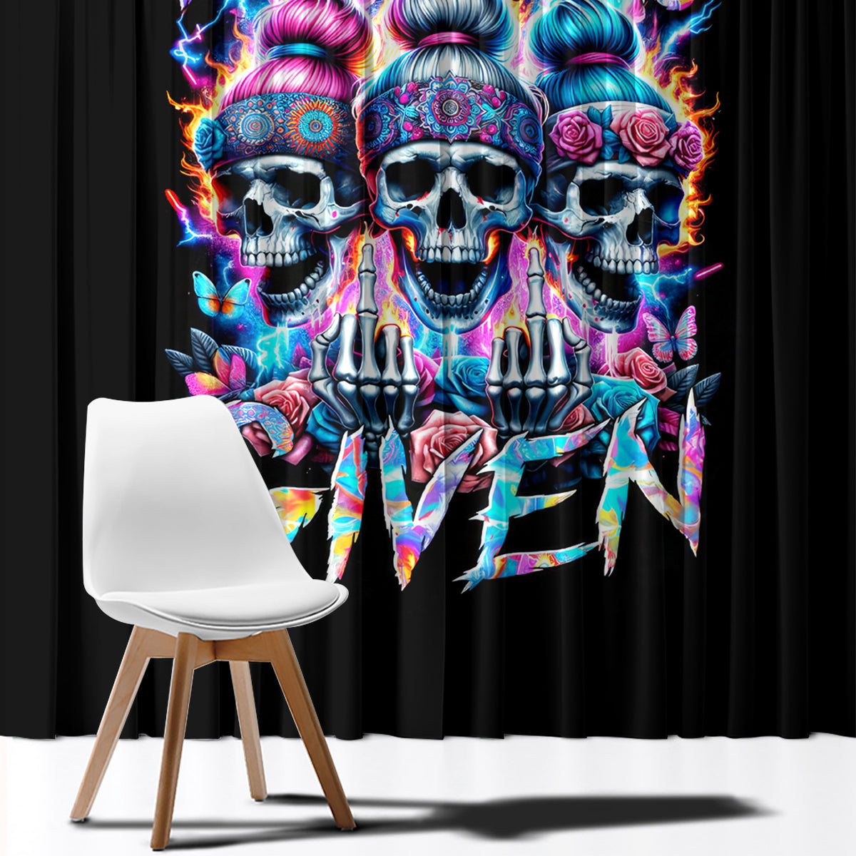 Lady Skull Window Curtain Zero Fucks Given - Wonder Print Shop