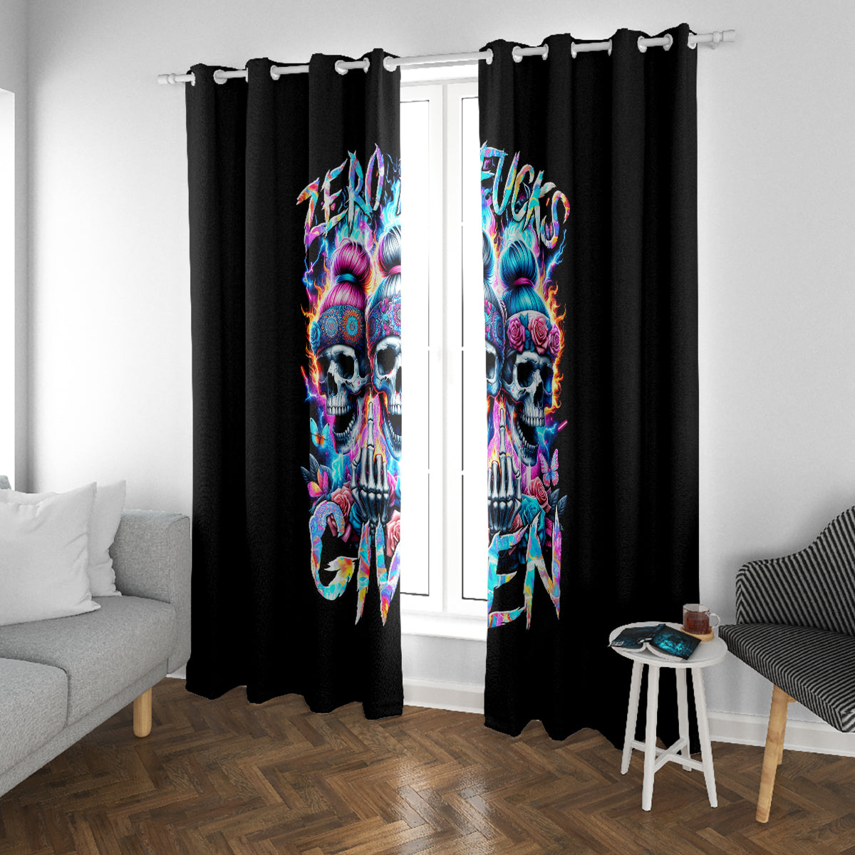 Lady Skull Window Curtain Zero Fucks Given - Wonder Print Shop