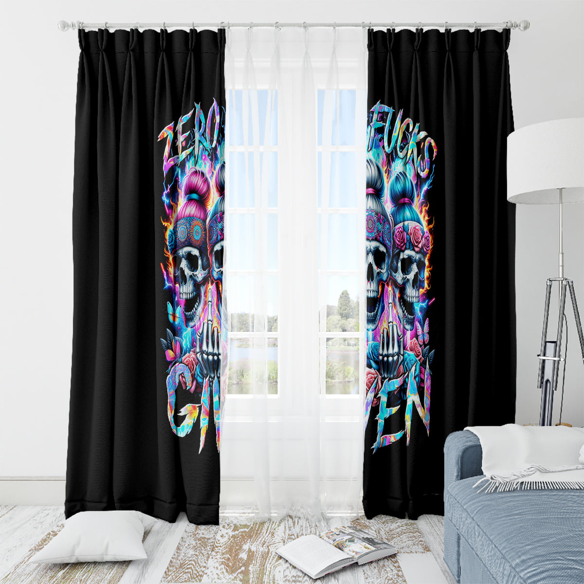 Lady Skull Window Curtain Zero Fucks Given - Wonder Print Shop