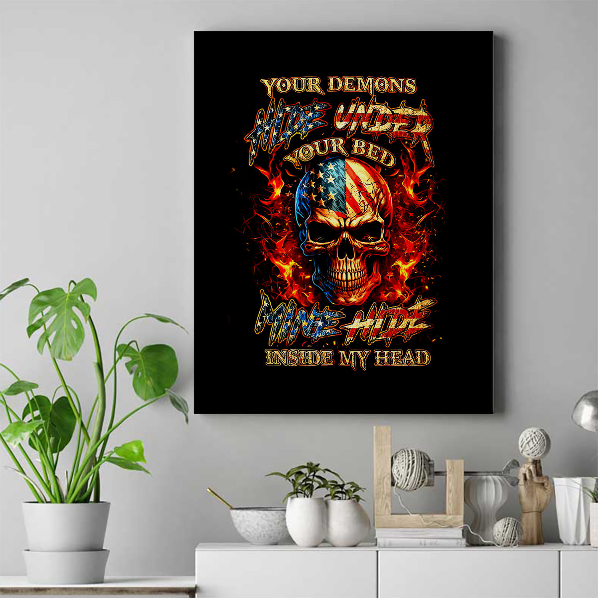 Fire Skull Canvas Wall Art My Demon Hide Inside My Head - Wonder Print Shop