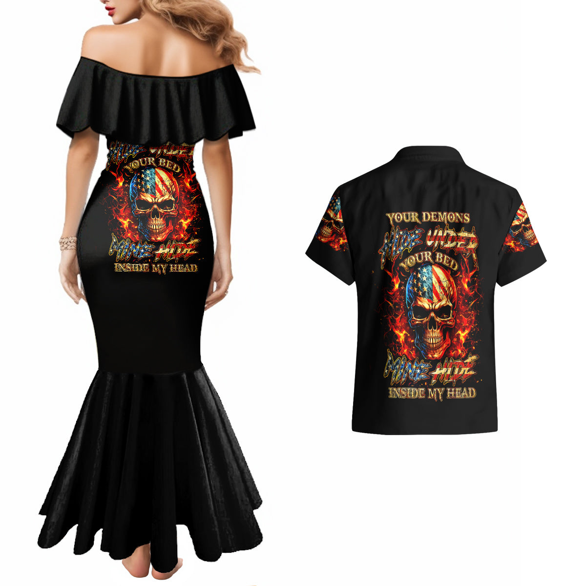 Fire Skull Couples Matching Mermaid Dress and Hawaiian Shirt My Demon Hide Inside My Head - Wonder Print Shop
