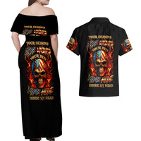 Fire Skull Couples Matching Off Shoulder Maxi Dress and Hawaiian Shirt My Demon Hide Inside My Head - Wonder Print Shop