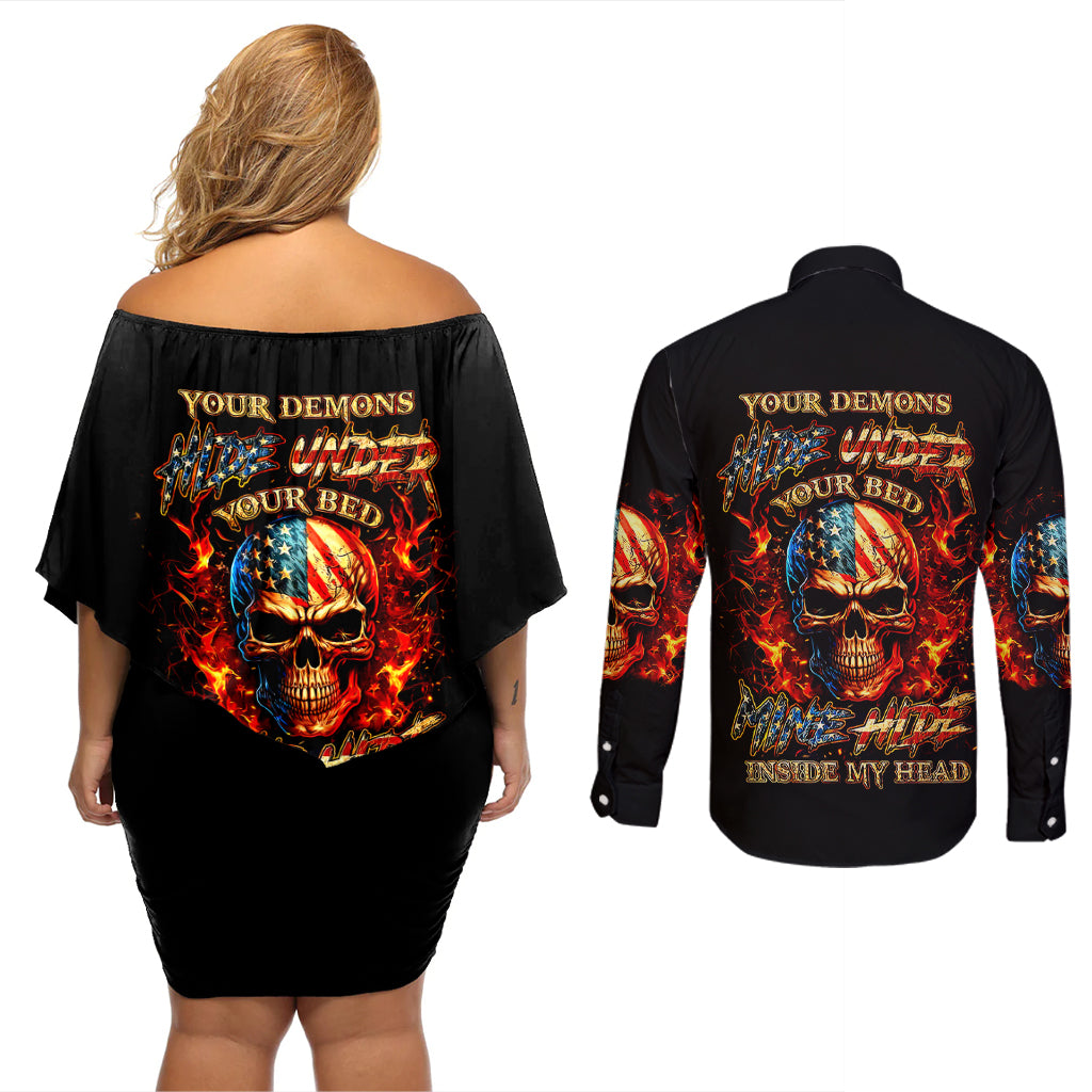 Fire Skull Couples Matching Off Shoulder Short Dress and Long Sleeve Button Shirts My Demon Hide Inside My Head - Wonder Print Shop